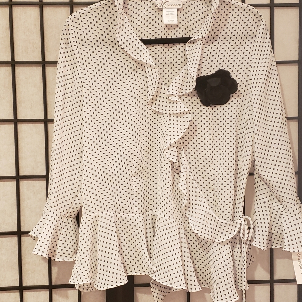 Ladies long Sleeve  Blouse Sz L Blk/WT Polka Dot